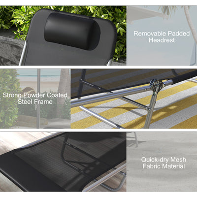 Outsunny Set of Two Steel Frame Sun Loungers, with Reclining Backs - Black 