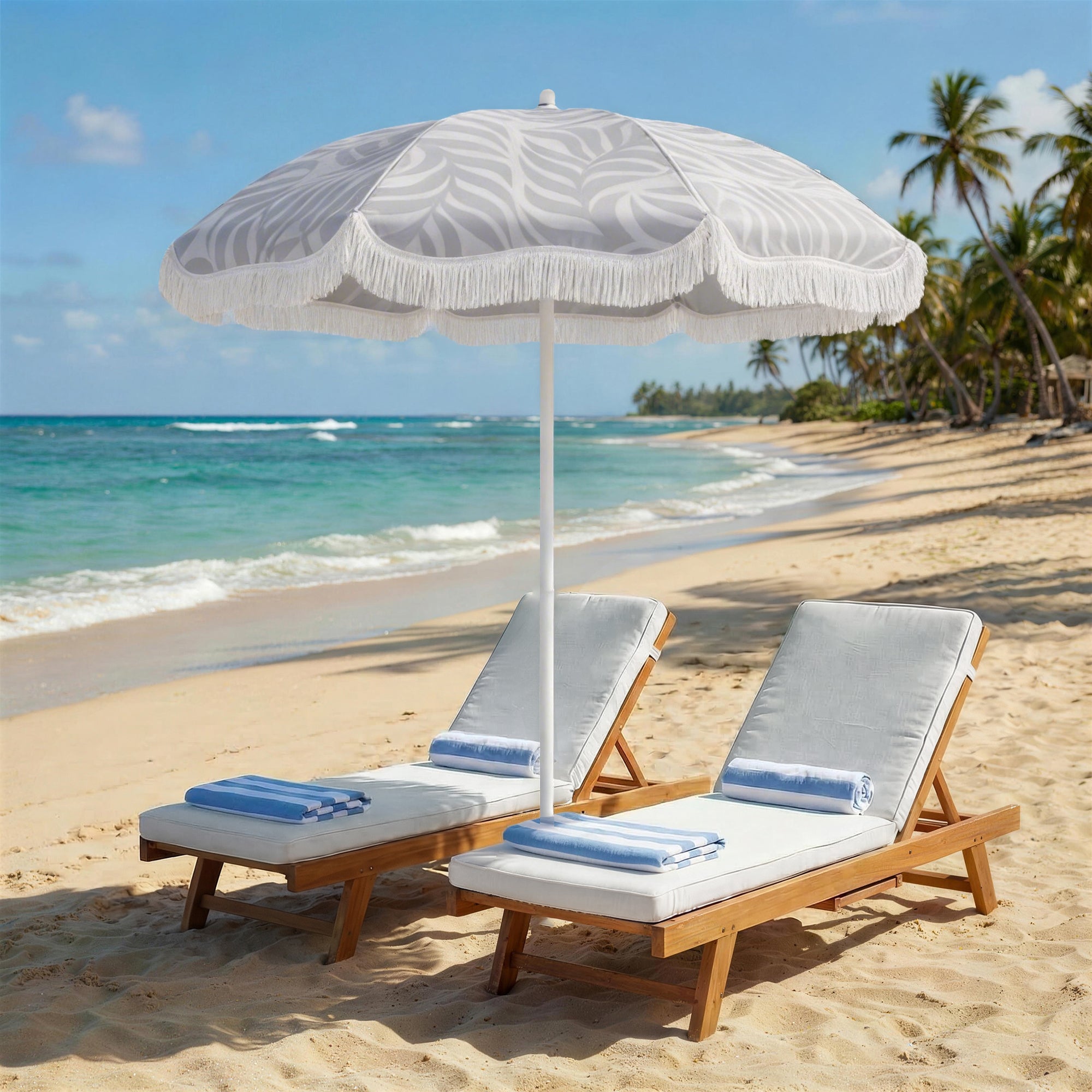 Outsunny 1.8 m Beach Umbrella Parasol with Sand Anchor, Portable Tilting Garden Parasol with Adjustable Height, Light Grey 