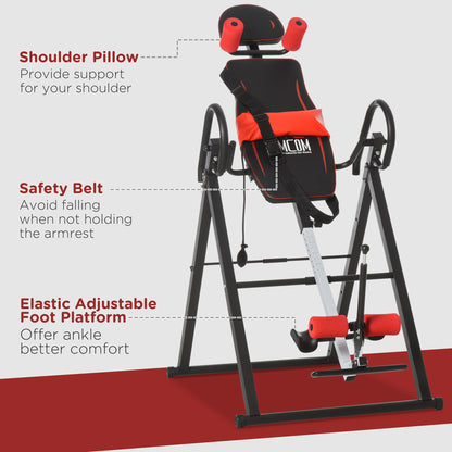 HOMCOM Gravity Inversion Table with Safety Belt Adjustable Hand Stand for Muscle Pain Relief, Red 