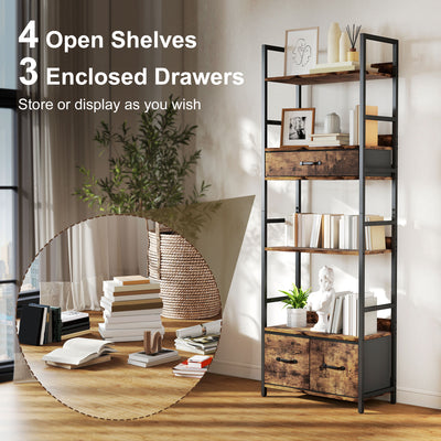 HOMCOM Industrial Style Bookcase, with 4 Shelves and 3 Fabric Drawers - Brown/Black 