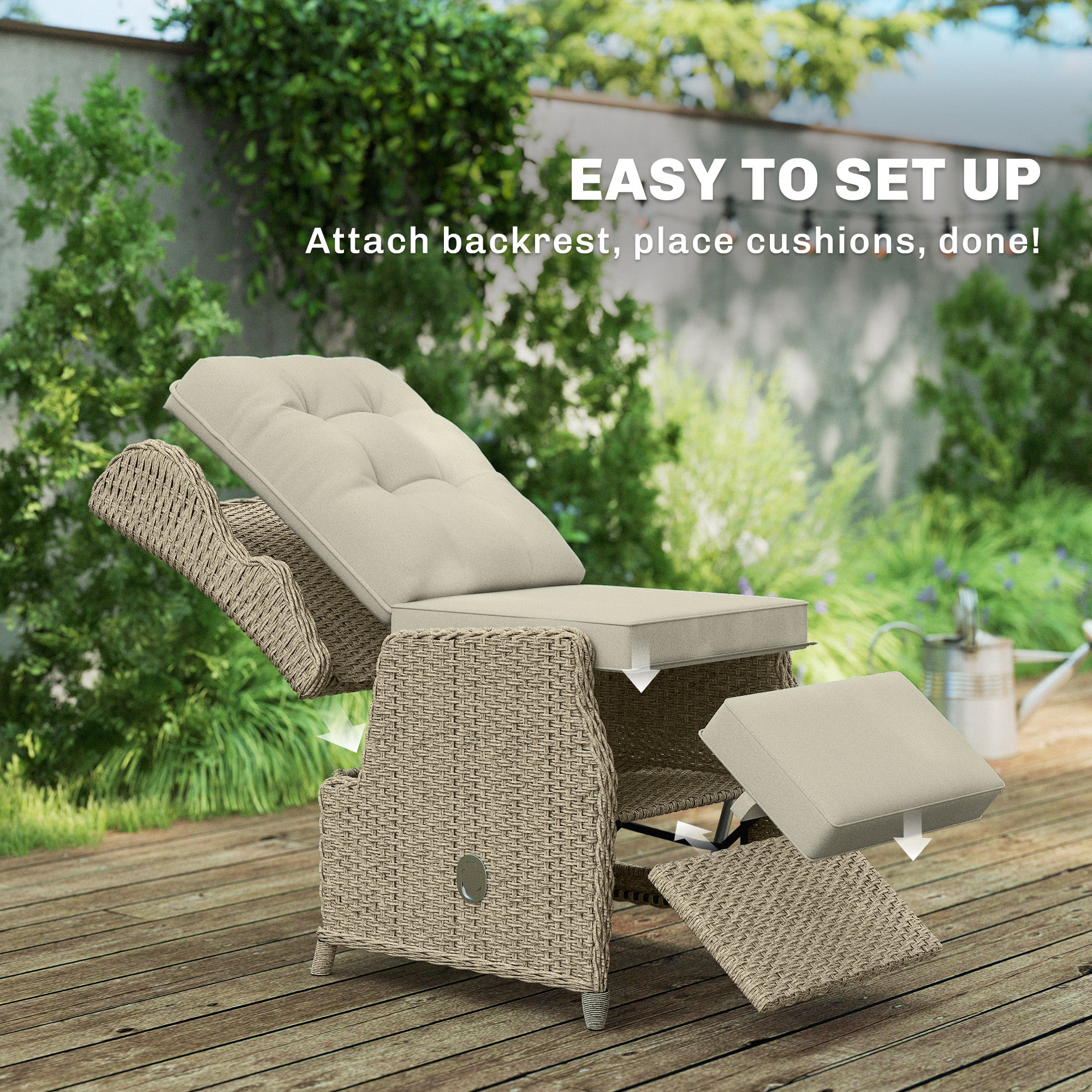 Outsunny Rattan Garden Recliner Chair, Reclining Garden Chair with Adjustable Back and Footrest, Flip Table, Cushion, Brown 