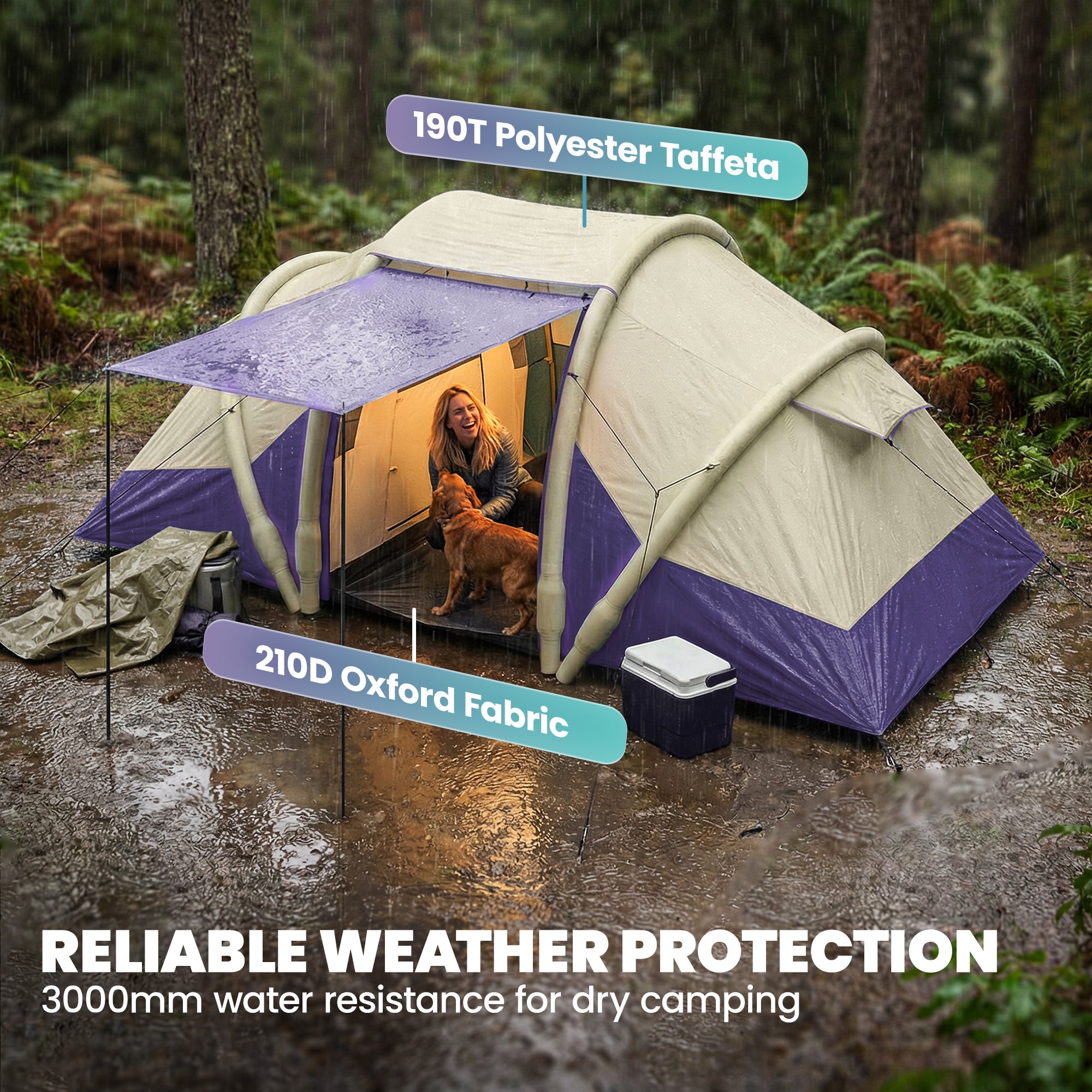 Outsunny Inflatable Tent 2 Bedroom 3000mm Waterproof Windproof Air Tent with Carry Bag for 4 Person 