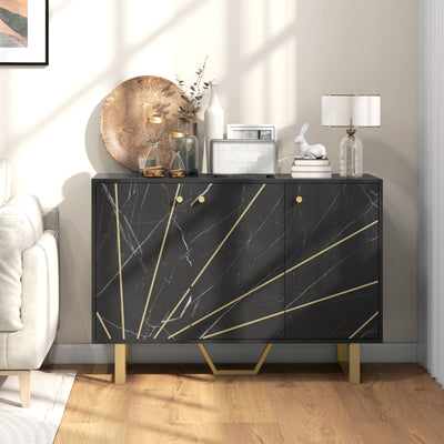 HOMCOM Sideboard Storage Cabinet, Modern Storage Cupboard with Adjustable Shelves and Metal Legs for Living Room, Kitchen, Dining Room, Entryway, Black Marble Tone 