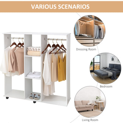 HOMCOM Open Wardrobe Double Mobile Storage Shelves Organizer W/6 Wheels-White 