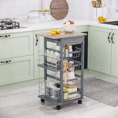 HOMCOM Rolling Kitchen Cart, Utility Storage Cart with 4 Basket Drawers & Side Racks, Wheels for Dining Room, Grey 