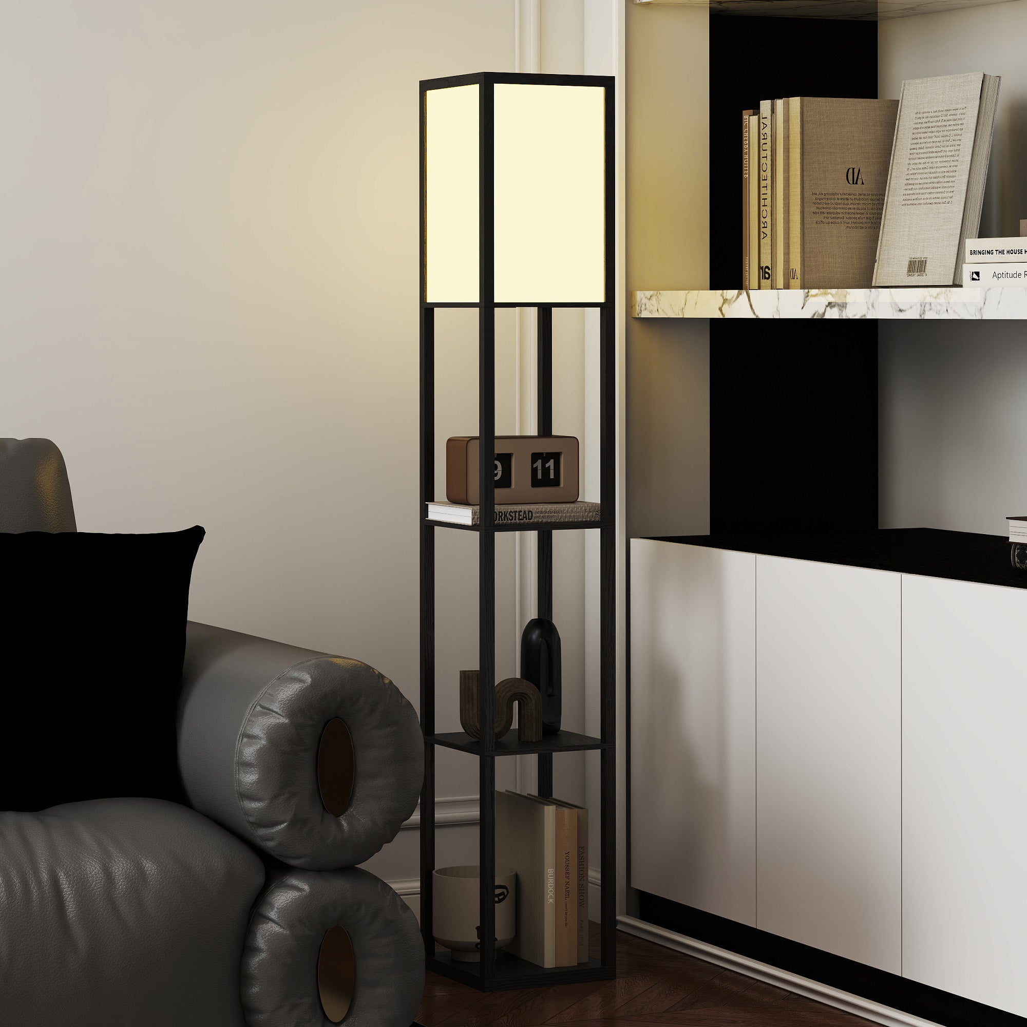 HOMCOM Floor Lamp with Shelves, 3 Layer Column Modern Standing Lamp for Living Room, Bedroom, Office, Bulb not Included, Black 