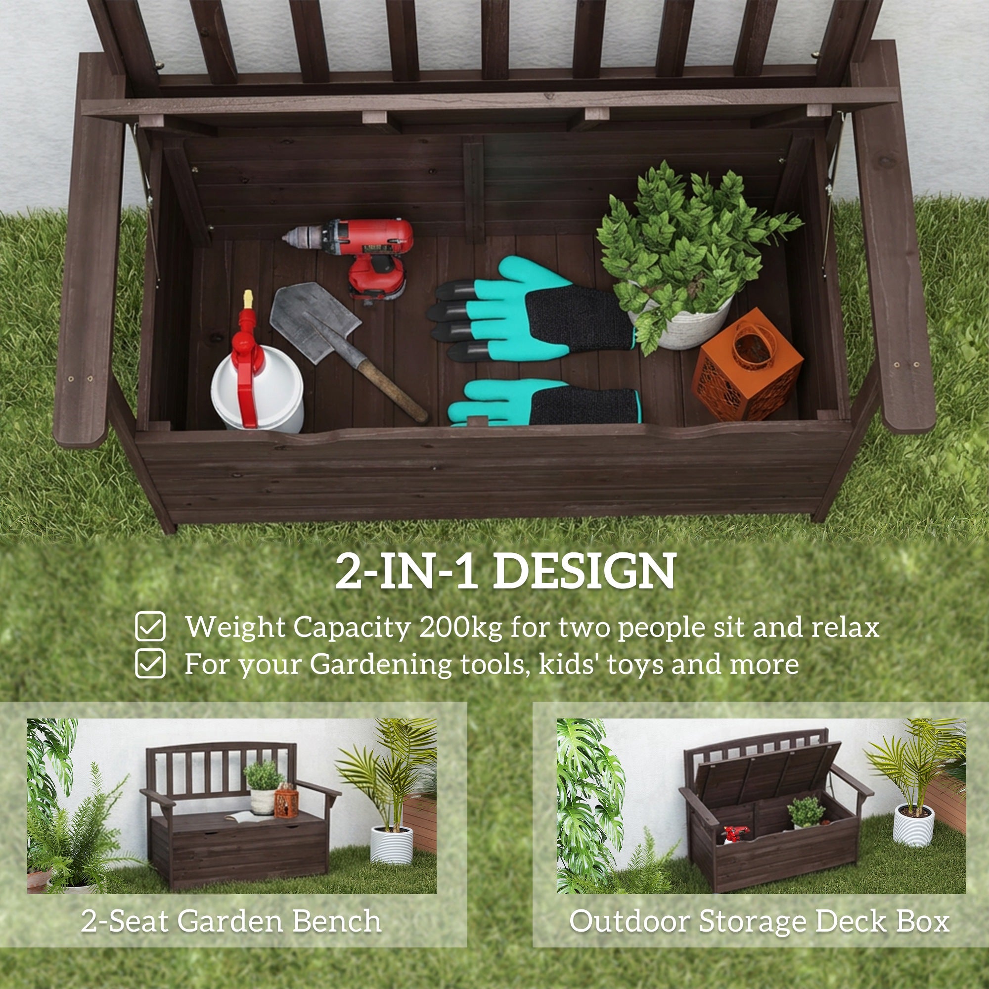 Outsunny Outdoor 2 Seater Garden Bench, Wooden Bench with Storage, Backrest, Arm Rests, 112 x 84 x 58 cm, Brown 