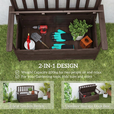 Outsunny Outdoor 2 Seater Garden Bench, Wooden Bench with Storage, Backrest, Arm Rests, 112 x 84 x 58 cm, Brown 