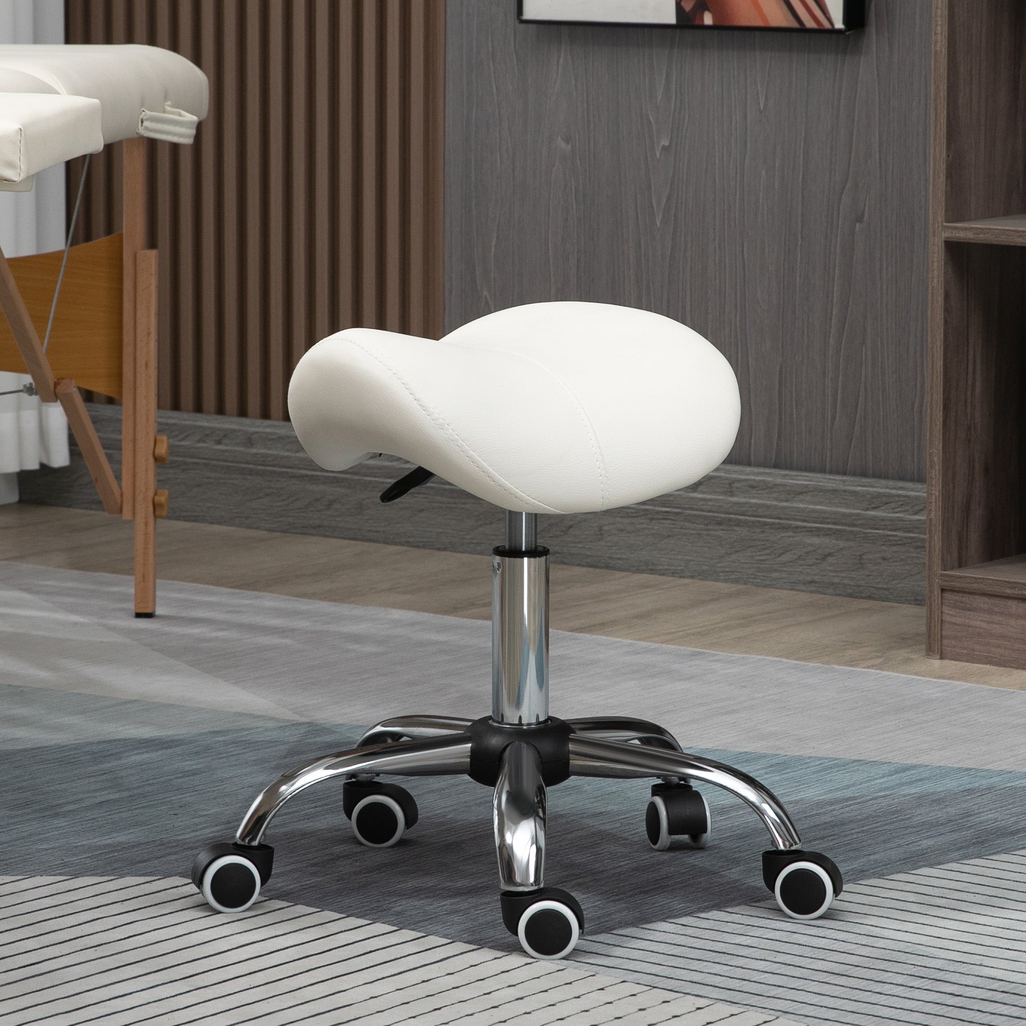 HOMCOM Cosmetic Stool 360\'c2\'b0 Rotate Height Adjustable Salon Massage Spa Chair Hydraulic Rolling Faux Leather Saddle Stool, Cream