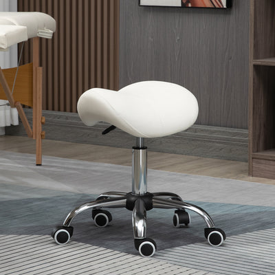 HOMCOM Cosmetic Stool 360\'c2\'b0 Rotate Height Adjustable Salon Massage Spa Chair Hydraulic Rolling Faux Leather Saddle Stool, Cream 
