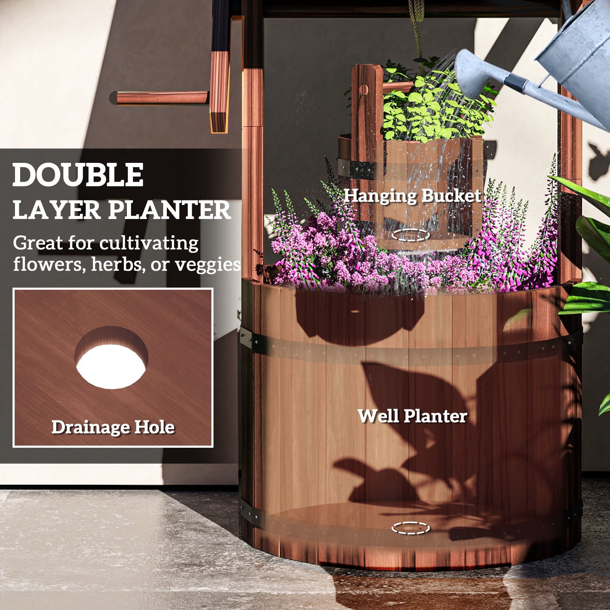 Outsunny Wood Wishing Well for Outside with Hanging Bucket, Wishing Well Planter with Drain Hole for Garden Patio, Carbonized 