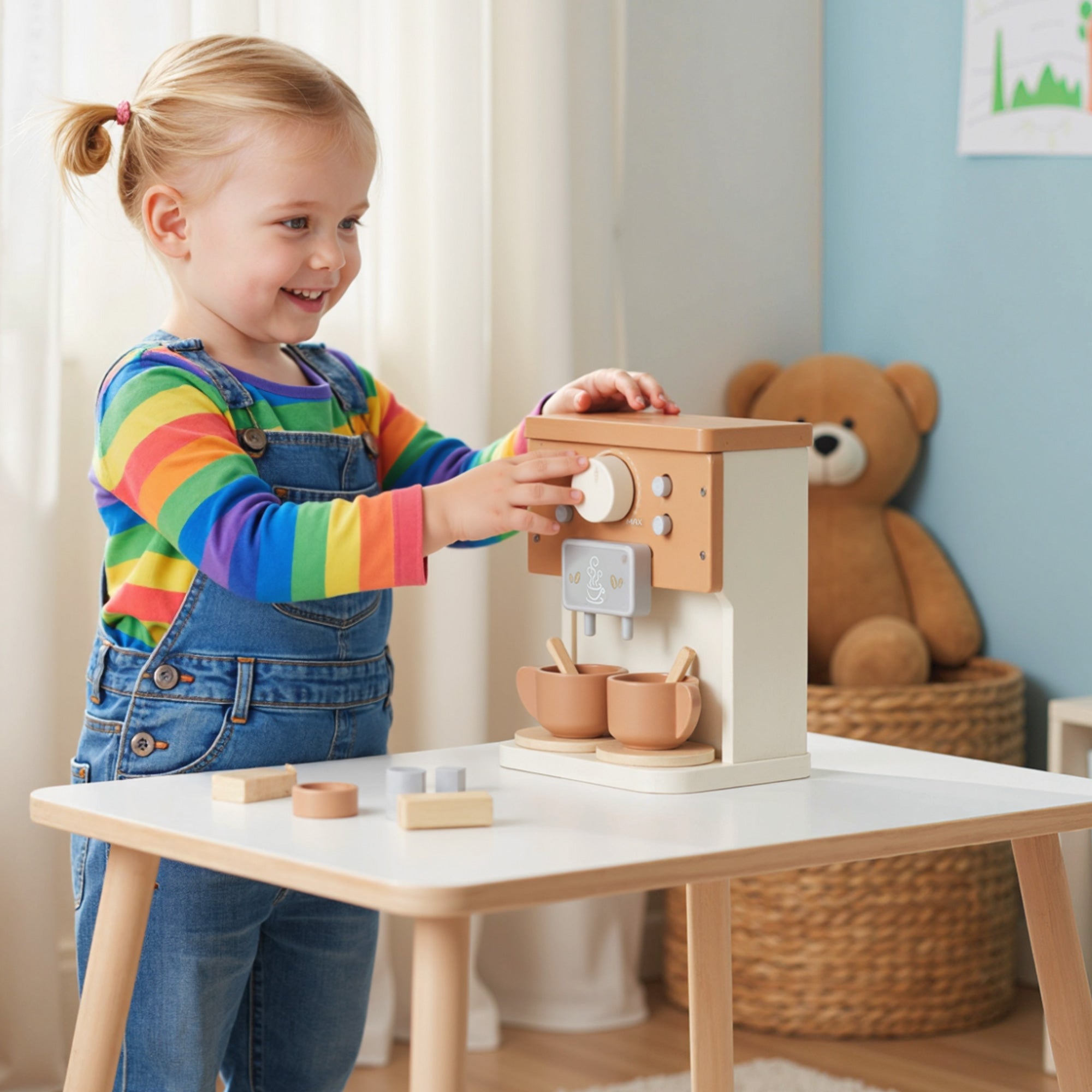 AIYAPLAY Kids Wooden Coffee Machine Toy, Pretend Play Kitchen Accessories Gift for Boys and Girls Ages 3+ 
