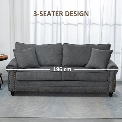 HOMCOM 3 Seater Sofas for Living Room, Fabric Sofa with Felt Mats, Cushions and Pillows, Grey 