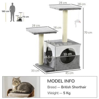 PawHut Cat Tree w/ Sisal Scratching Posts, House, Perches, Toy Mouse, Grey 