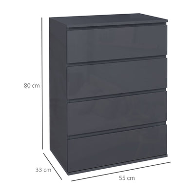 HOMCOM High Gloss Chest of Drawers, 4-Drawer Storage Cabinets, Modern Dresser for Bedroom, Grey 
