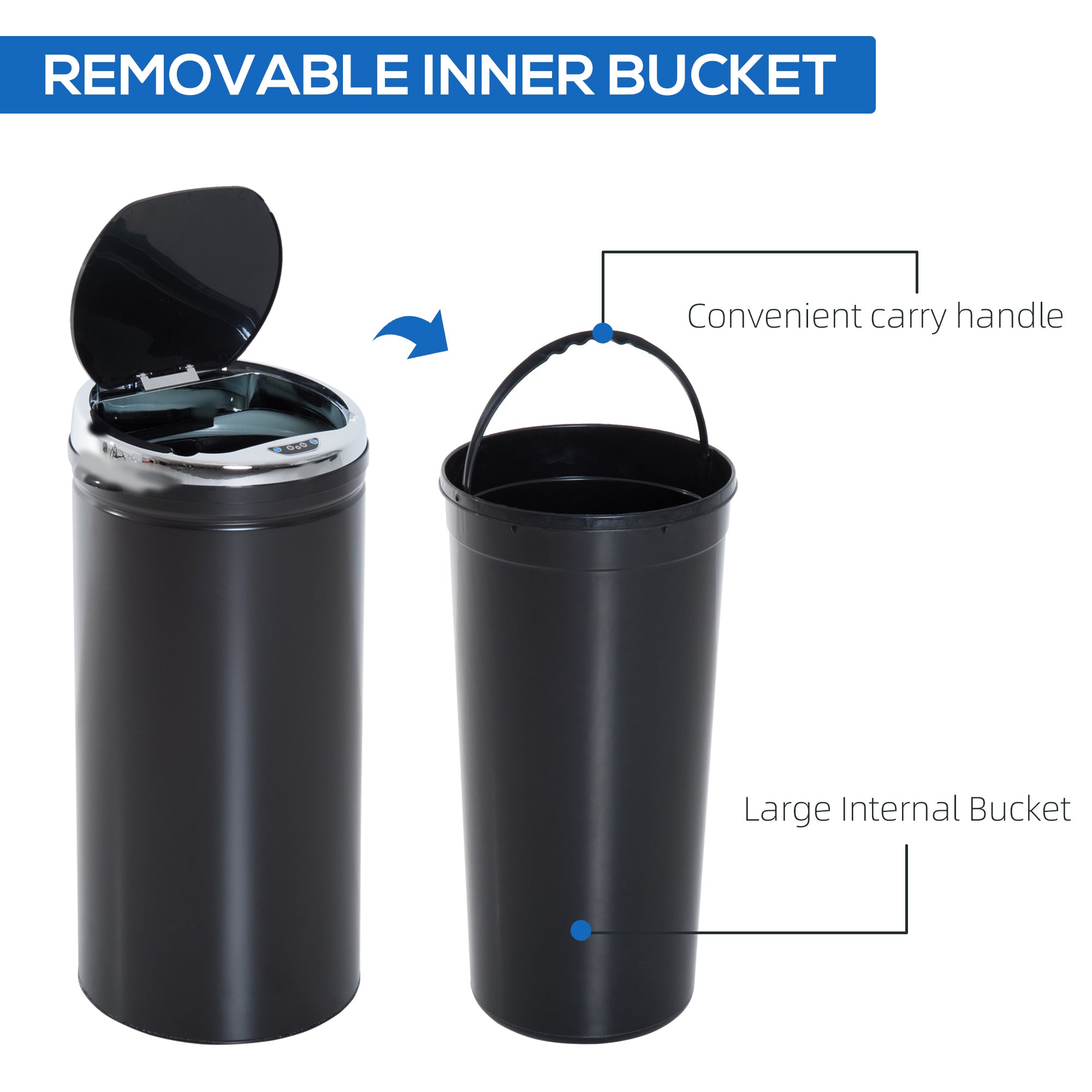 HOMCOM 42L Sensor Bin for Kitchen Waste Automatic Dustbin Motion Detection Dustbin  Stainless Steel Rubbish Can with Bucket, Black 