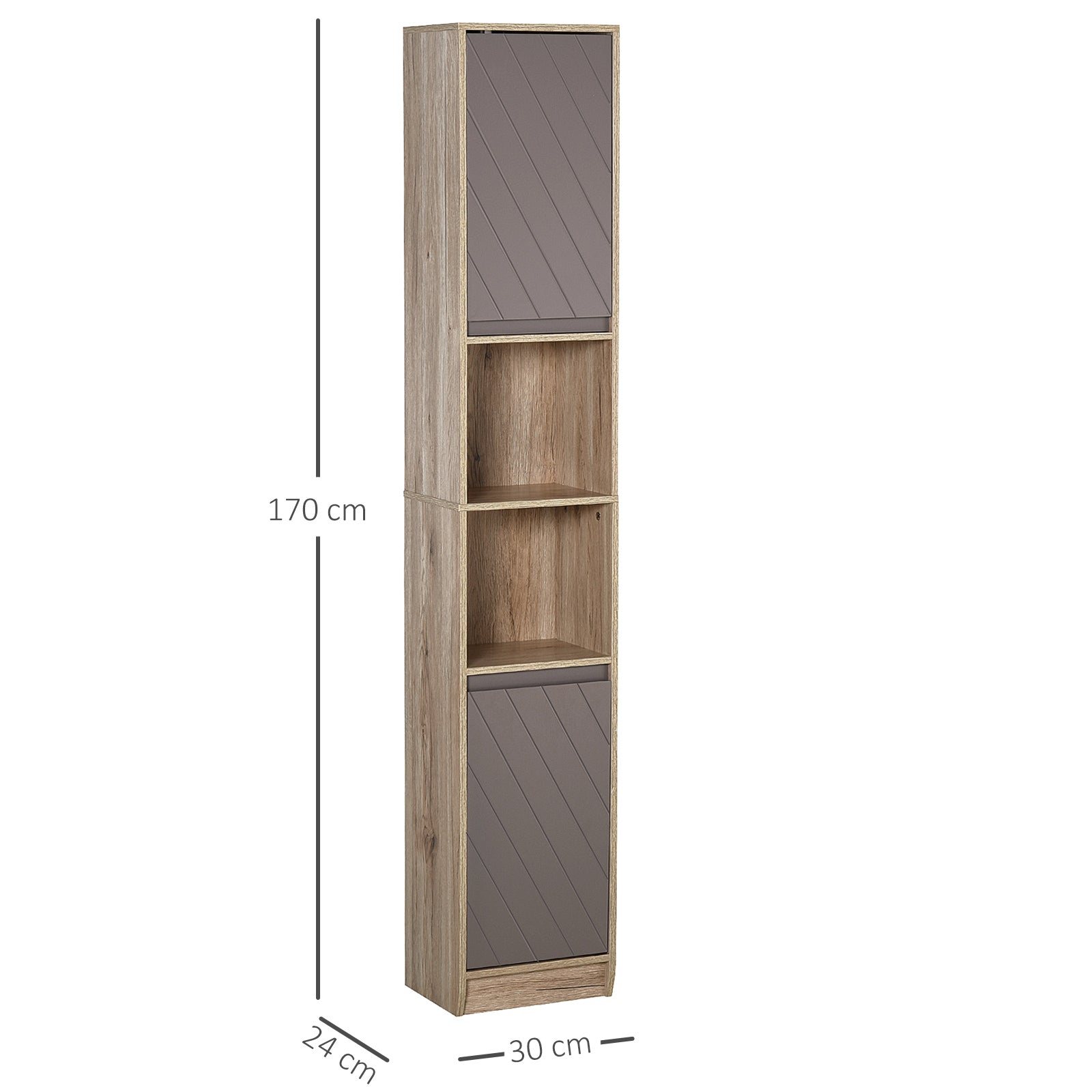 HOMCOM Freestanding Bathroom Storage Cabinet w/ 2 Cupboards 2 Compartments Home Organisation Anti-Tipping Elevated Base 30L x 24W x 170H cm Grey&Brown 