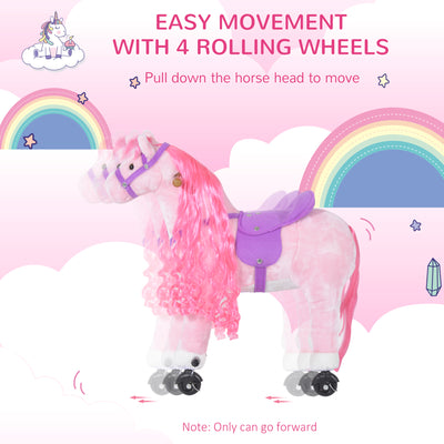 HOMCOM Plush Walking Horse Ride On Toy with Wheels and Realistic Sounds Rocking Horse for Girls Boys 3+ Years Old, 50cm Tall, Pink 