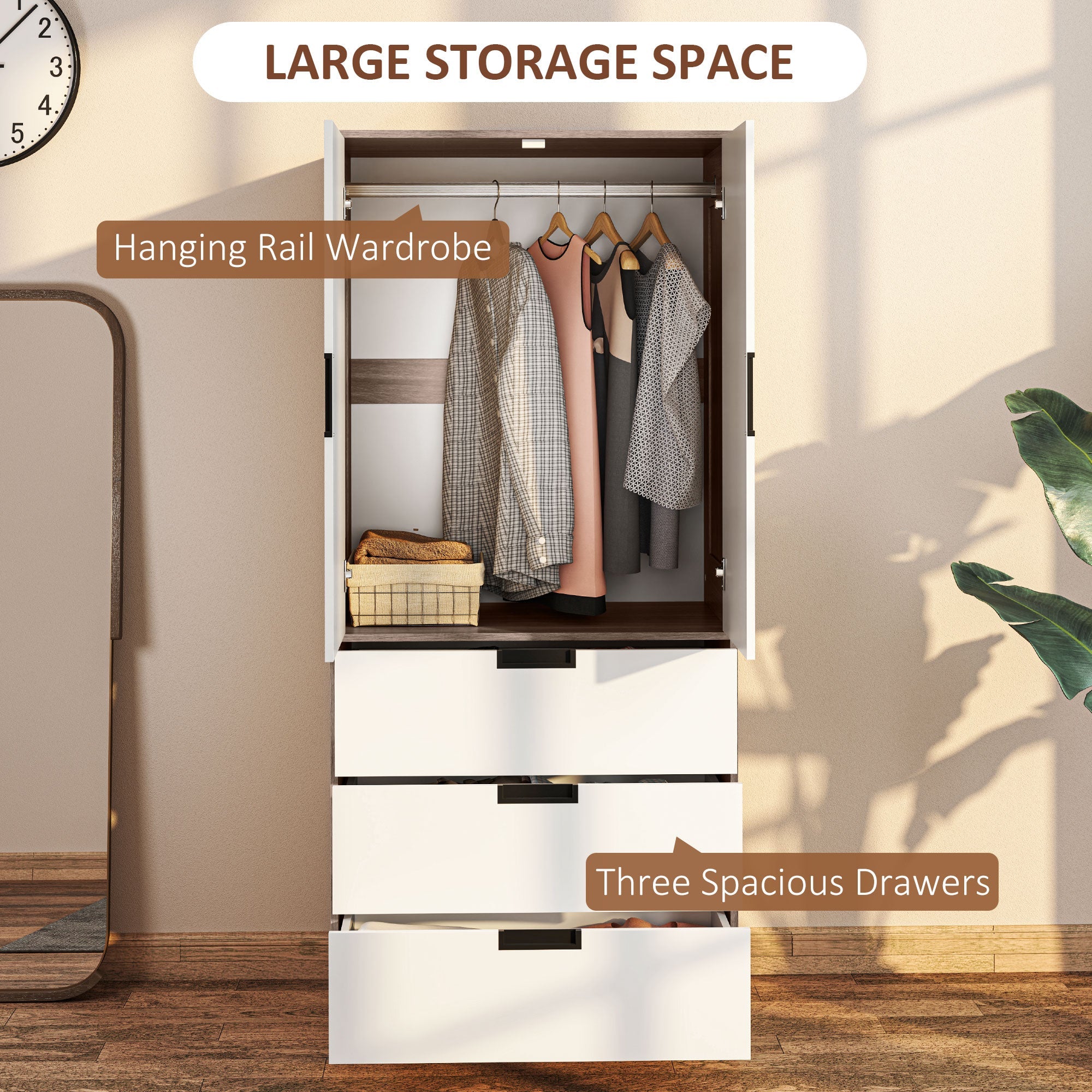 HOMCOM Two Door, Two Drawer Wardrobe - White/Brown 