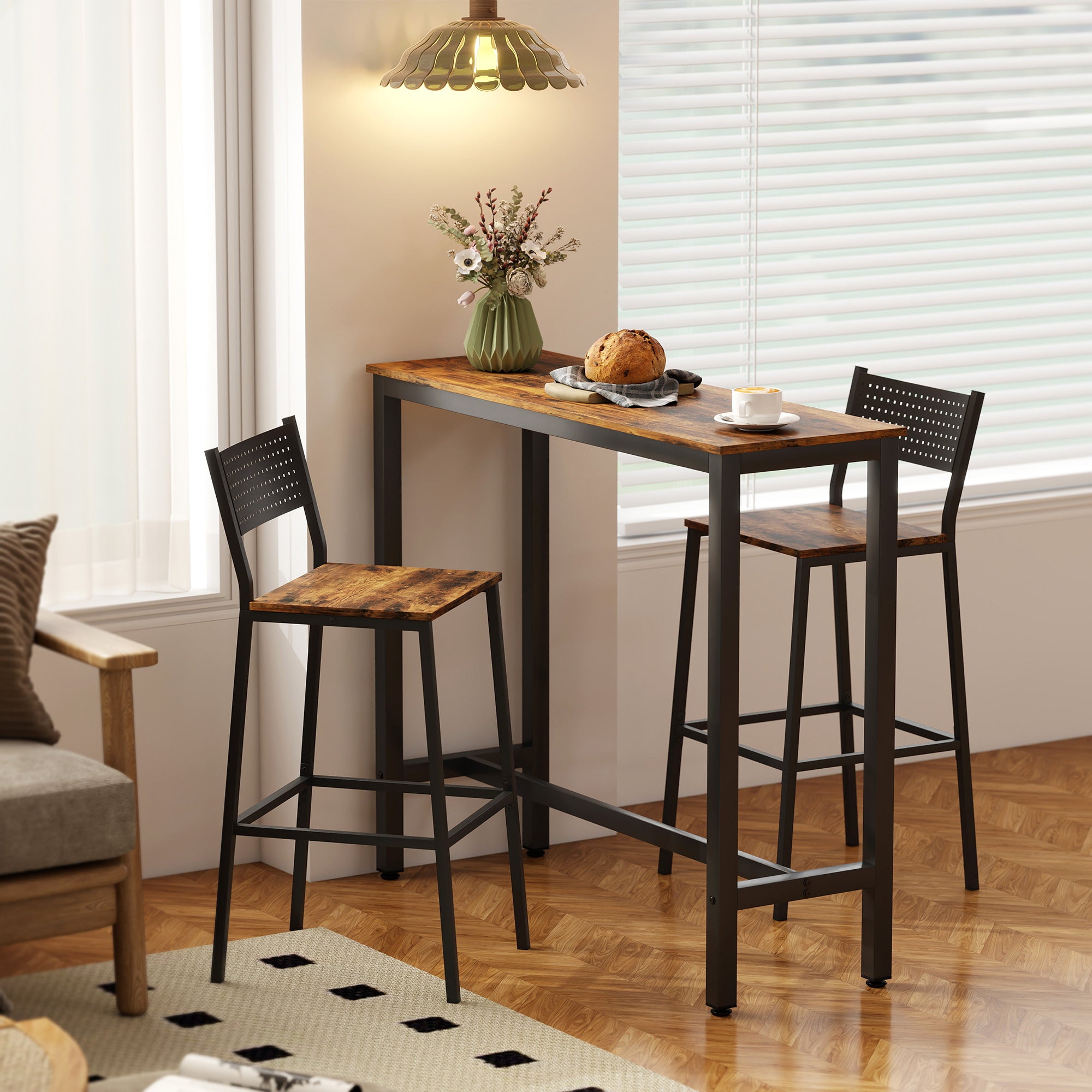 HOMCOM Rectangular Bar Table, Wood Effect Pub Coffee Table for Small Space, Breakfast Dining, Kitchen, Industrial, Rustic Brown 