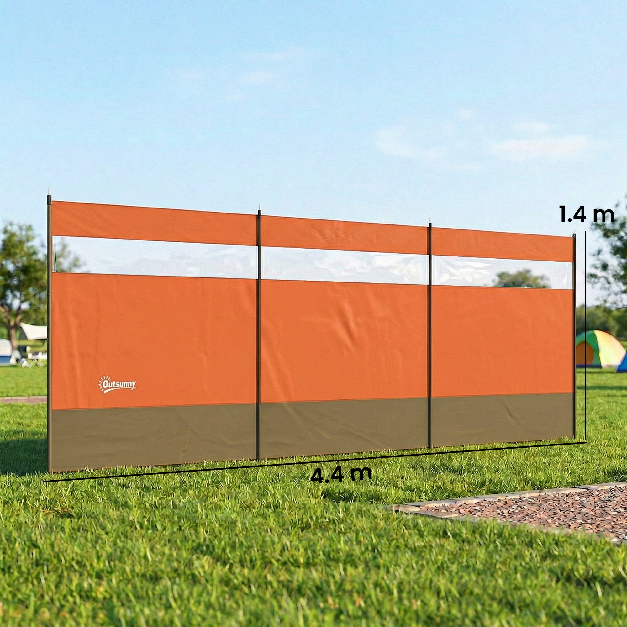 Outsunny Camping Windbreaker with Clear Windows, Carry Bag and Steel Poles, for Beach Caravan Campervan, 440 x 140cm, Orange 