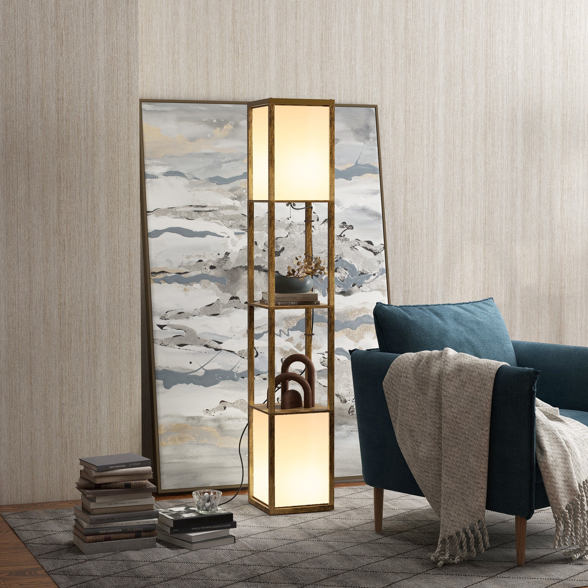 HOMCOM Modern Shelf Floor Lamp with Dual Ambient Light, Standing Lamp Living Room, Bedroom, 156cm, Brown 