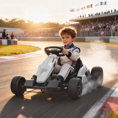 AIYAPLAY 24V Electric Go Kart, Drift Kart with Adjustable Seat, Slow Start, 5-Point Harness, Music, Horn, for 6-12 Years, White 
