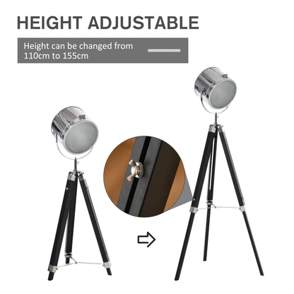 HOMCOM Industrial Style Adjustable Tripod Floor Lamp, Searchlight Lamp with Wooden Legs and Steel Lampshade, 110-155cm, Black 