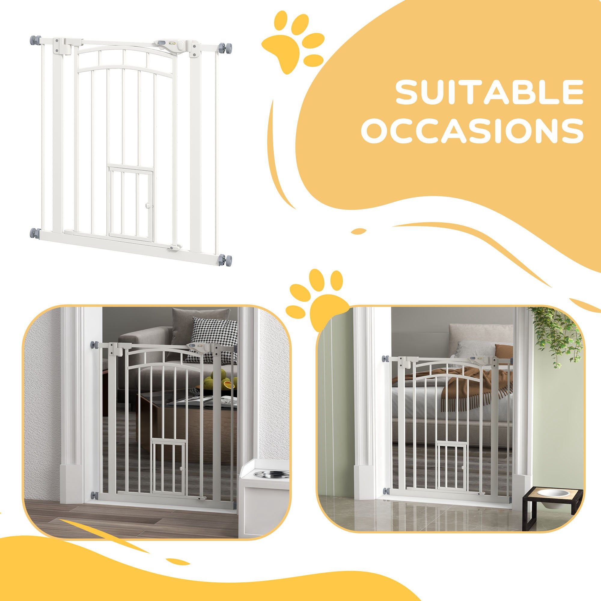 PawHut Pressure Fit Stair Gate, Dog Gate w/ Small Cat Door, Auto Closing System, Double Locking Openings, 74-80cm - White 
