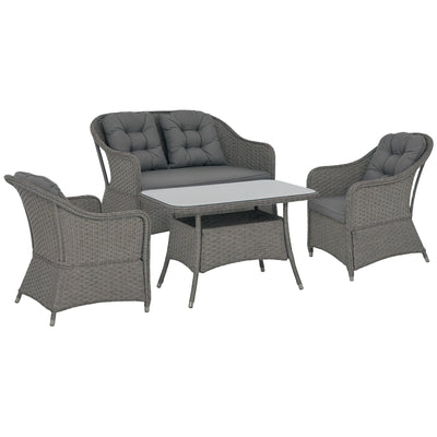 Outsunny Four-Piece Rattan Set, with Glass-Top Table - Light Grey 