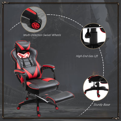 Vinsetto Computer Gaming Chair, Racing Desk Chair with Lumbar Support and Footrest, PU Leather Gamer Chair with Headrest and Swivel Wheels for Home, Red 