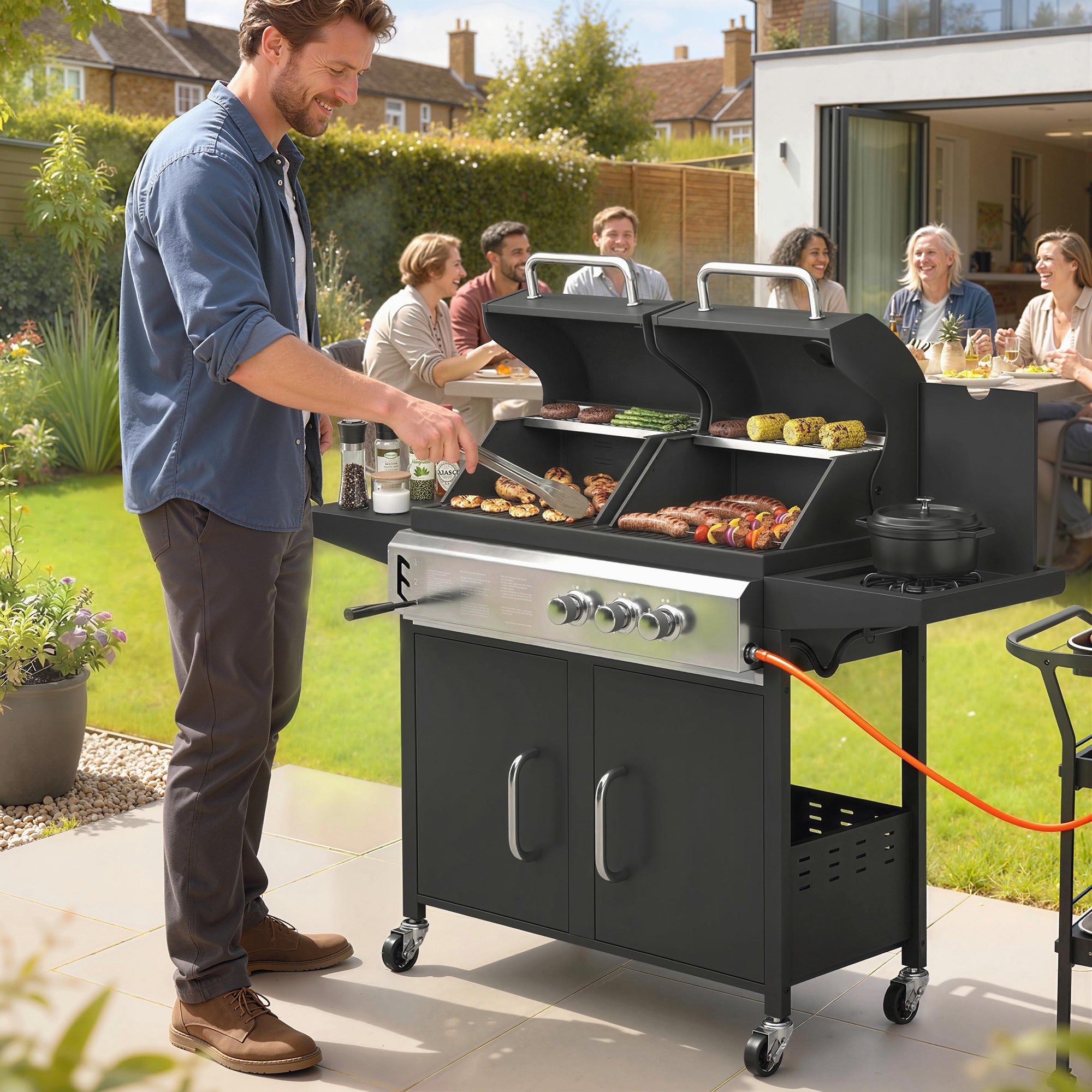 Outsunny 2+1 Burner Hybrid Dual Fuel BBQ Gas Grill, 2-in-1 Propane & Charcoal Barbecue Grill Smoker Combo with Wheels, Black 