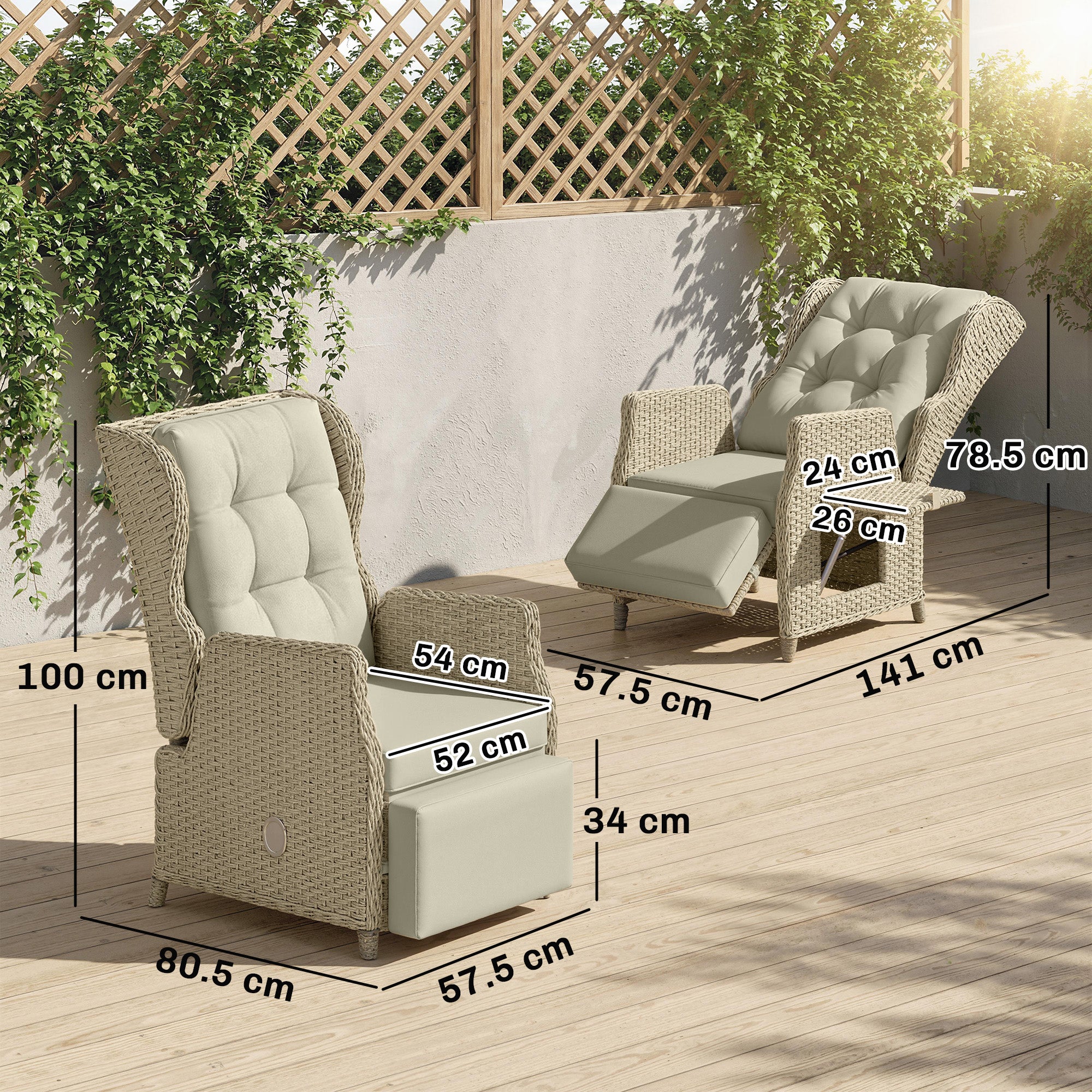 Outsunny Rattan Garden Recliner Chair, Reclining Garden Chair with Adjustable Back and Footrest, Flip Table, Cushion, Brown 