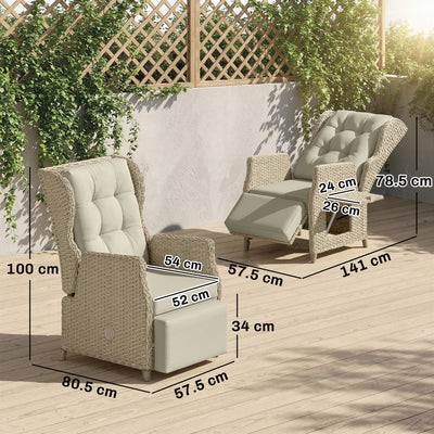 Outsunny Rattan Garden Recliner Chair, Reclining Garden Chair with Adjustable Back and Footrest, Flip Table, Cushion, Brown 