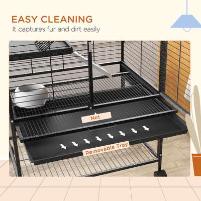 PawHut Rolling Chinchilla Cage, Small Animal Cage for Ferrets w/ Three Doors, Storage, Shelf, Tray Tray, Bowl, Water Bottle 