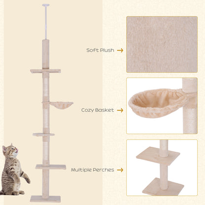 PawHut Floor to Ceiling Cat Tree for Indoor Cats 5-Tier Kitty Tower Climbing Activity Center Scratching Post Adjustable Height 230-260 cm Beige 