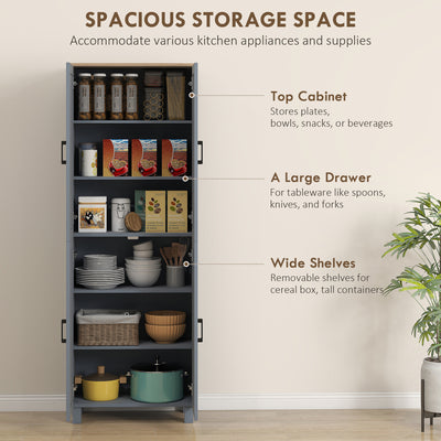 HOMCOM Freestanding Kitchen Cupboard, 4-Door Storage Cabinet with Adjustable Shelves, Modern Kitchen Pantry for Dining Room, 170cm, Grey Wood Effect 