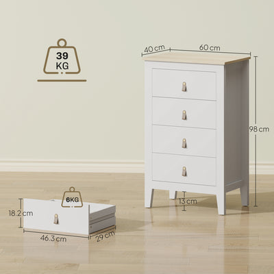 HOMCOM Bedroom Chest of Drawers, Modern 4 Drawer Dresser Cabinet with PU Leather Handles and Metal Runners for Living Room, Hallway, Entryway, White 