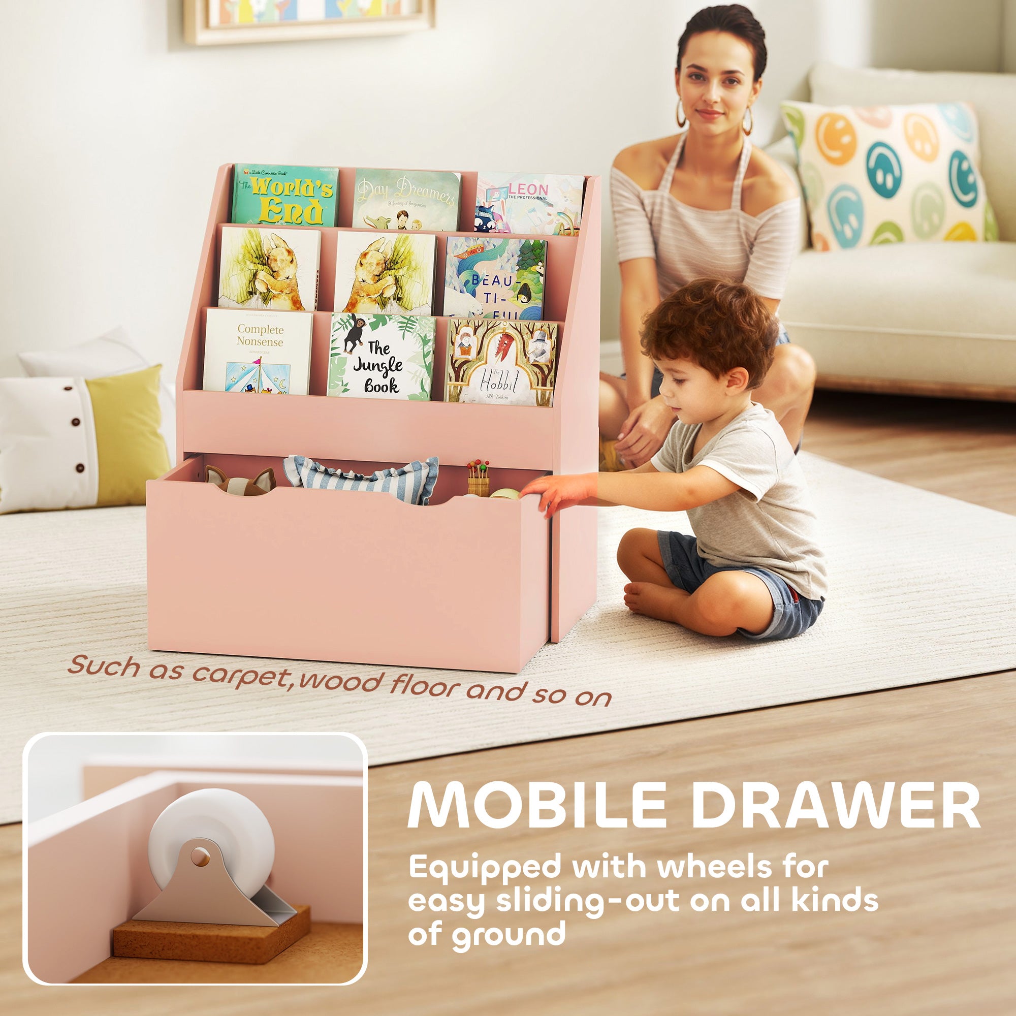 AIYAPLAY Bookcase for Kids with Shelves, Drawer, Bookcase for Bedroom, Playroom, Pink 