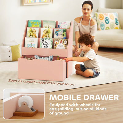 AIYAPLAY Bookcase for Kids with Shelves, Drawer, Bookcase for Bedroom, Playroom, Pink 