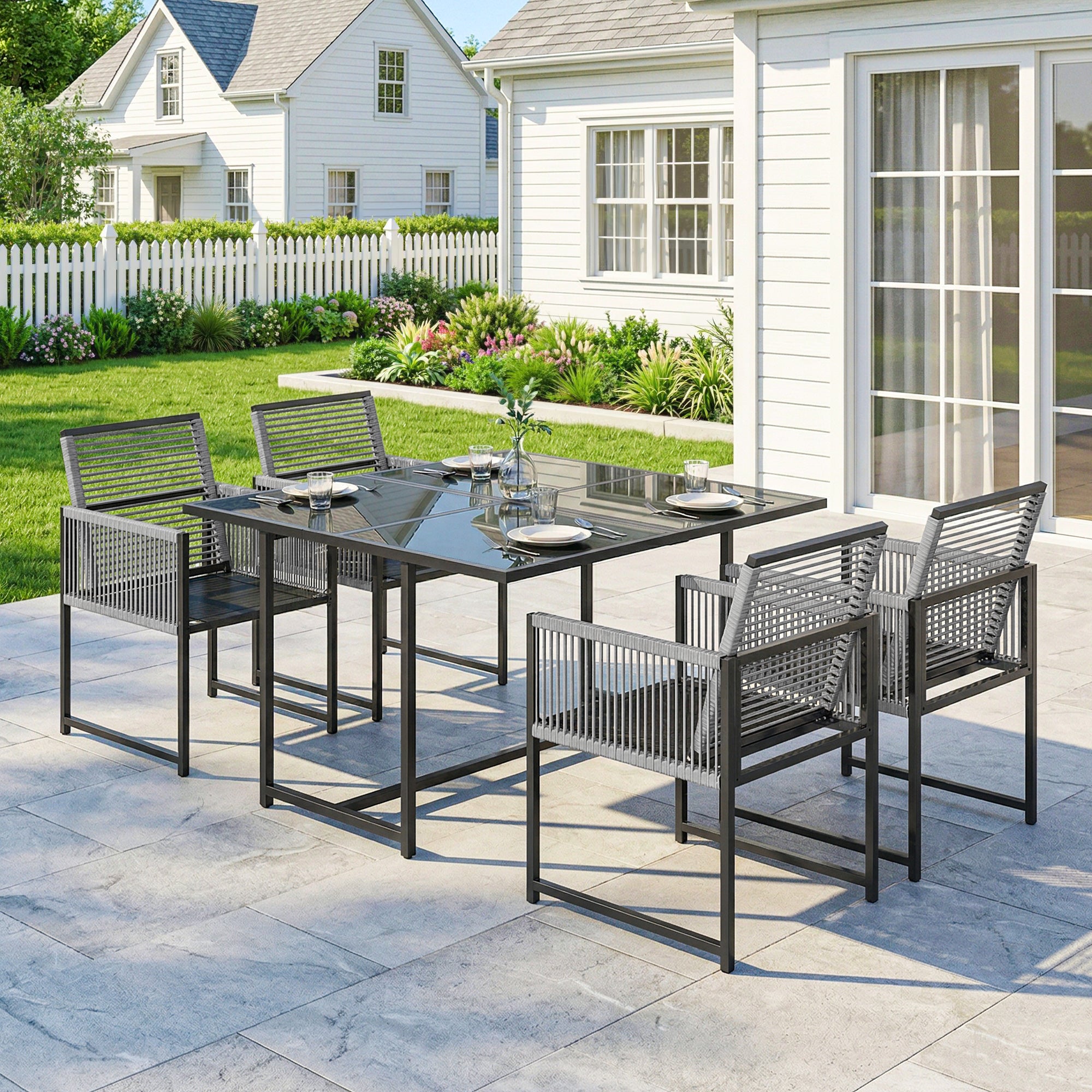 Outsunny 5 Pieces Garden Dining Set, Outdoor Patio Cube Set, 4 Seater Outdoor Table and Chairs with Foldable Backrest, Light Grey 