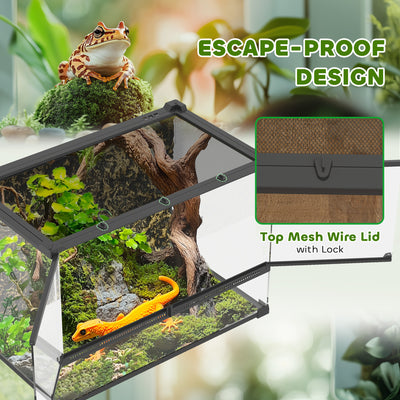 PawHut Reptile Glass Terrarium with Stone Background, Front Ventilation, Escape-Proof Knob Lock, 50 x 30 x 35 cm, Black 