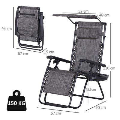 Outsunny 2 Piece Foldable Reclining Garden Chair with Headrest, Zero Gravity Deck Sun Lounger Seat Chair with Footrest, Armrest, Cup Holder & Canopy Shade, Grey 