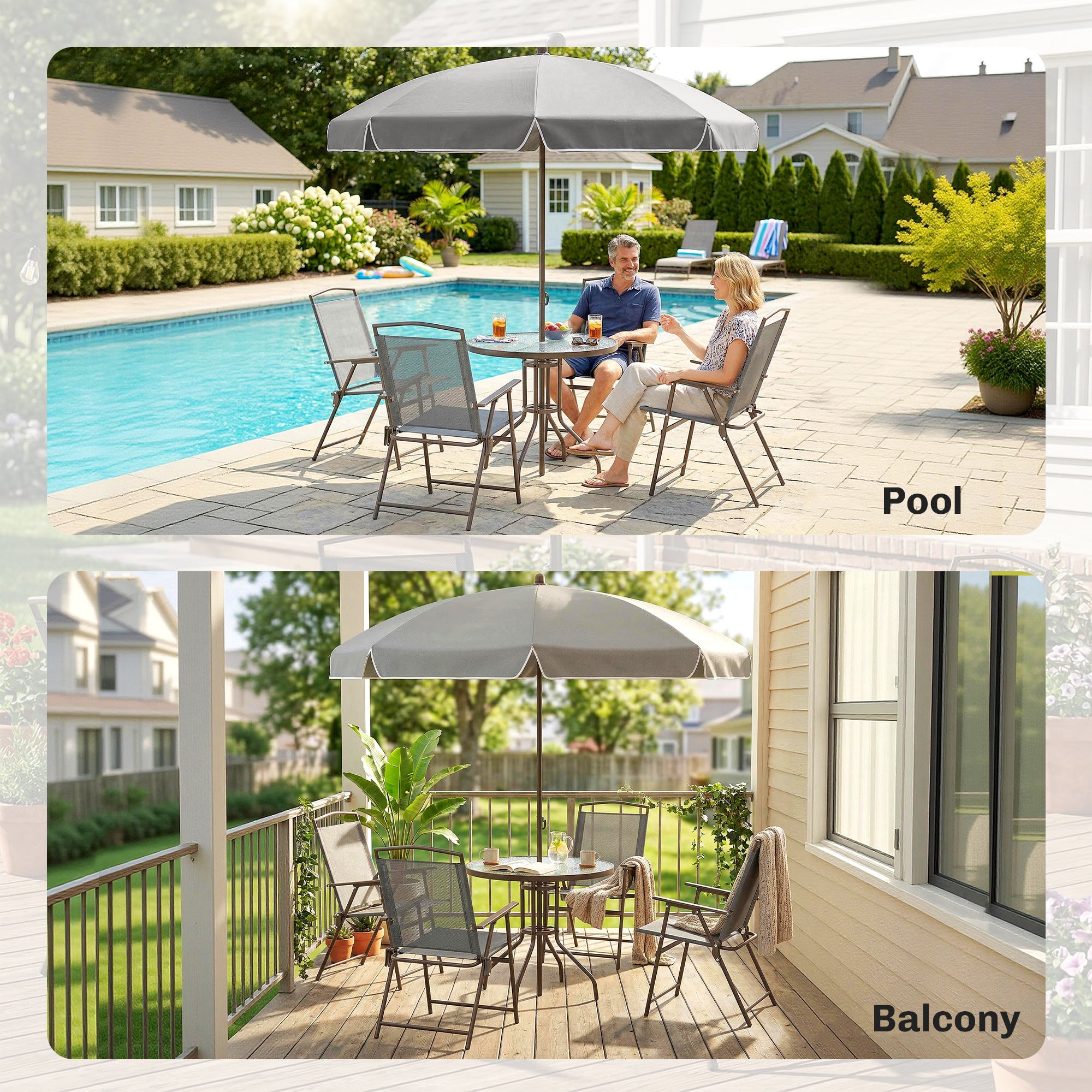 Outsunny 6 Piece Garden Dining Set with Umbrella, Patio Sets with Parasol, 4 Folding Dining Chairs, Dark Grey 