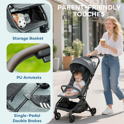 AIYAPLAY Foldable Baby Stroller with Adjustable Seat, 5-Point Harness, Canopy, Basket, 6.3kg Lightweight & Compact, Dark Grey 