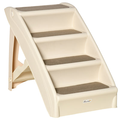 PawHut Foldable Four-Step Pet Stairs, for Cats, Small Miniature Dogs, with Non-Slip Mats 62 x 38 x 49.5cm - Beige 