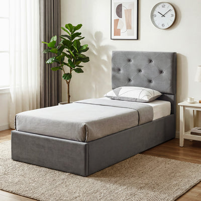 HOMCOM Single Bed Frame Gas Side Lift Under Bed Storage Upholstered Platform Bed Tufted Headboard for 90 x 190 cm Mattress 