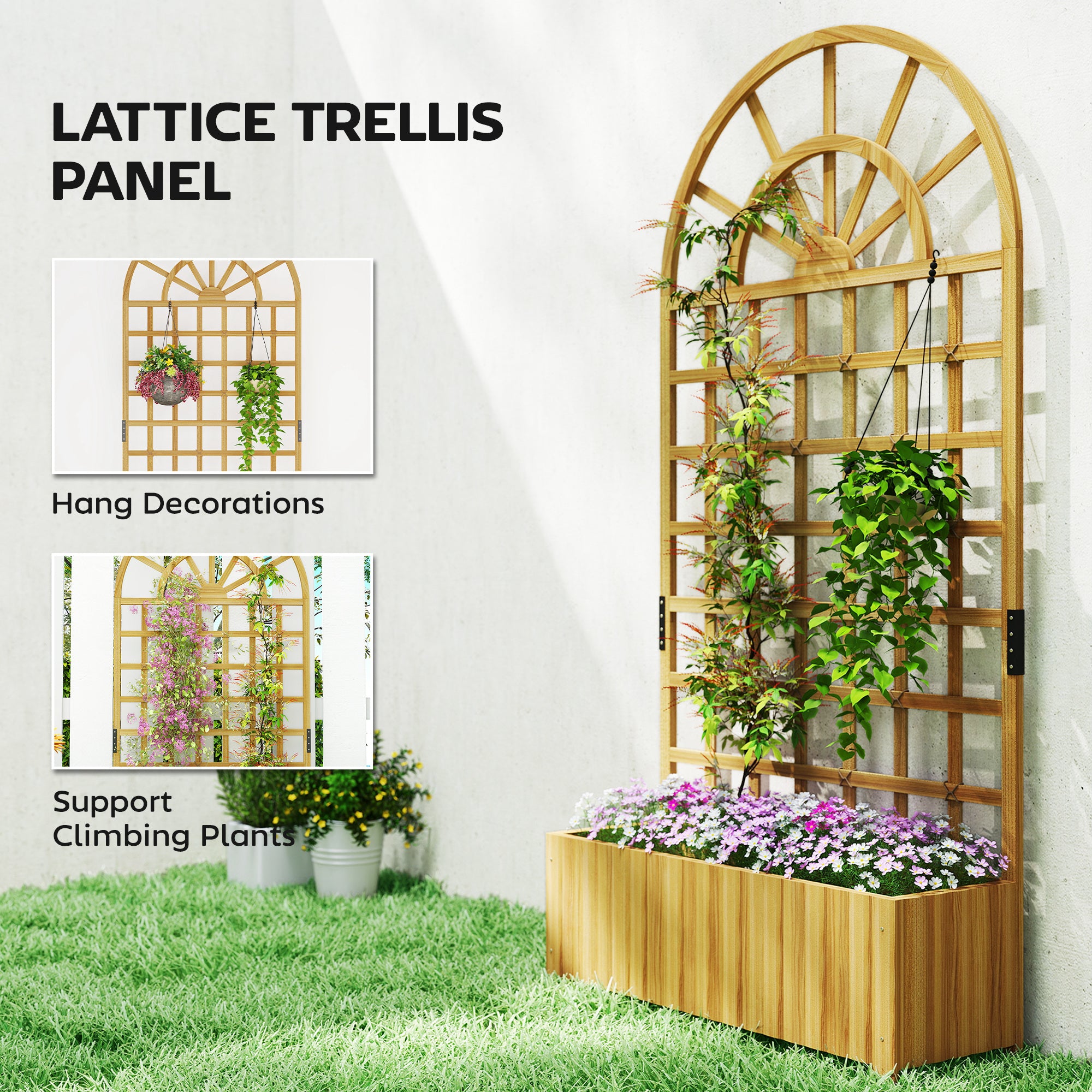 Outsunny Wooden Raised Planter with Trellis, Raised Bed for Garden with Lattice and Drainage Holes for Climbing Plants 