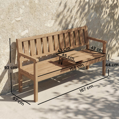 Outsunny Wooden Garden Bench with Liftable Table & Shelf, 2-3-Seater Outdoor Loveseat with Fir Wood Frame, Teak 