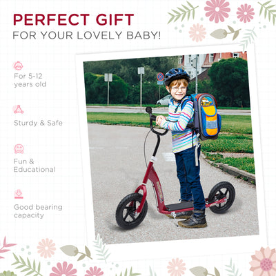 HOMCOM Kids Scooter Kick Scooter with 12" EVA Tyres, Rear Brake, Big Wheels Scooter for 5-12 Years Old, Red 